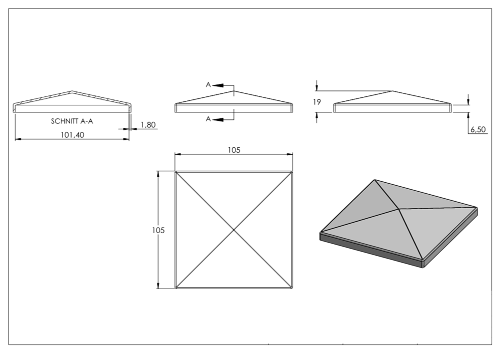 Pier cover | for square tube | dimensions: 100x100 mm | steel S235JR, raw