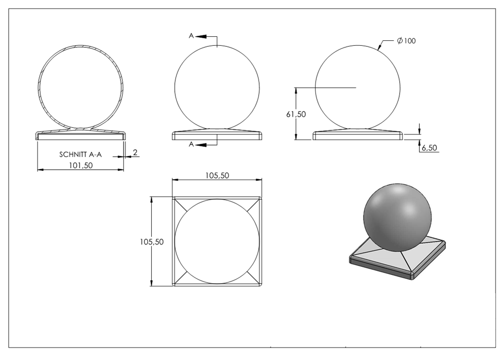 Pier cover for square tube | 100x100 mm | with ball Ø 100 mm | steel (raw) S235JR
