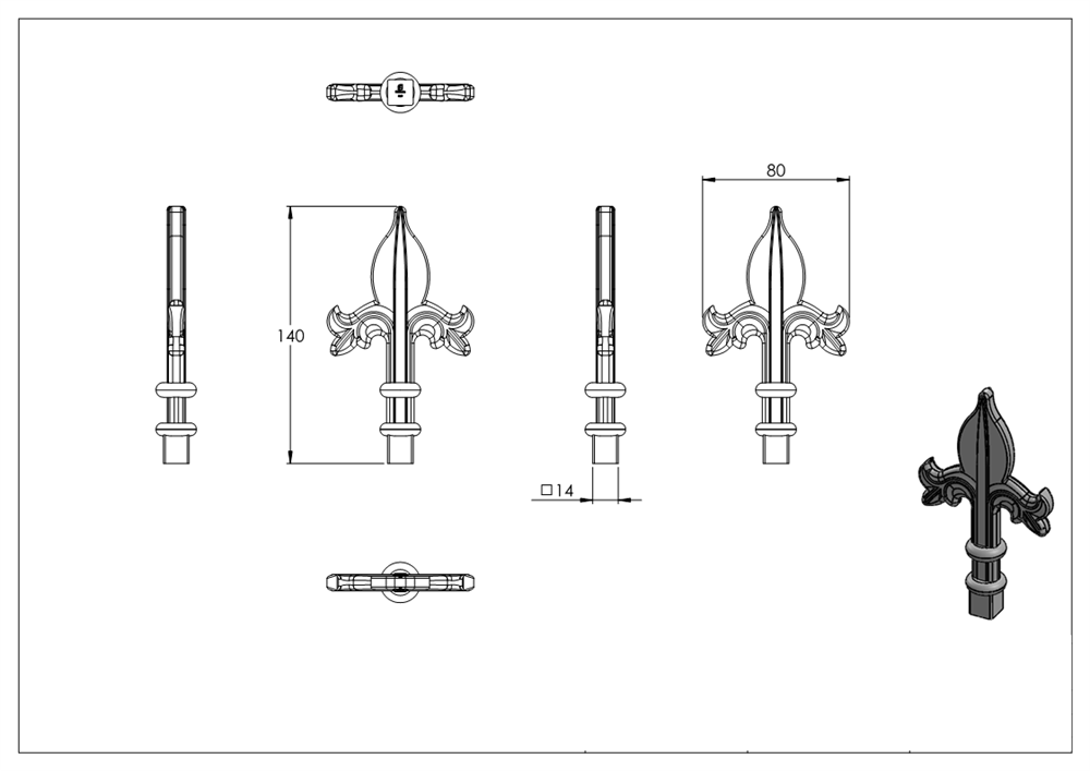 Fence spike | Height: 140 mm | Material: 14x12 mm | Steel S235JR, raw