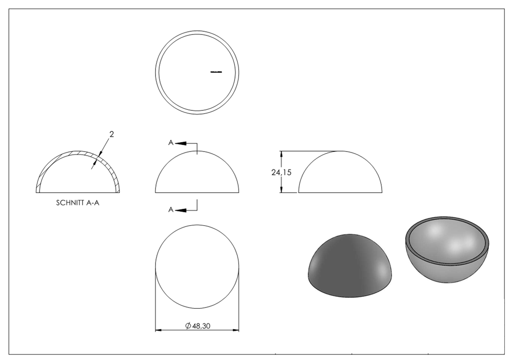 Semi hollow ball Ø 48 mm | smooth | steel S235JR, raw