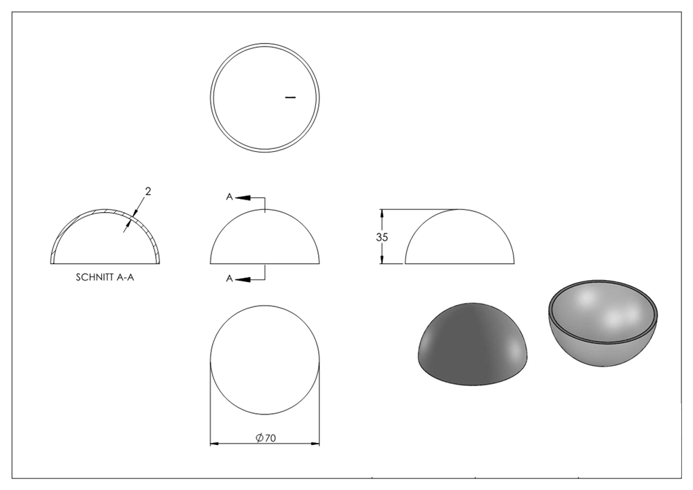 Semi hollow ball Ø 70 mm | smooth | steel S235JR, raw