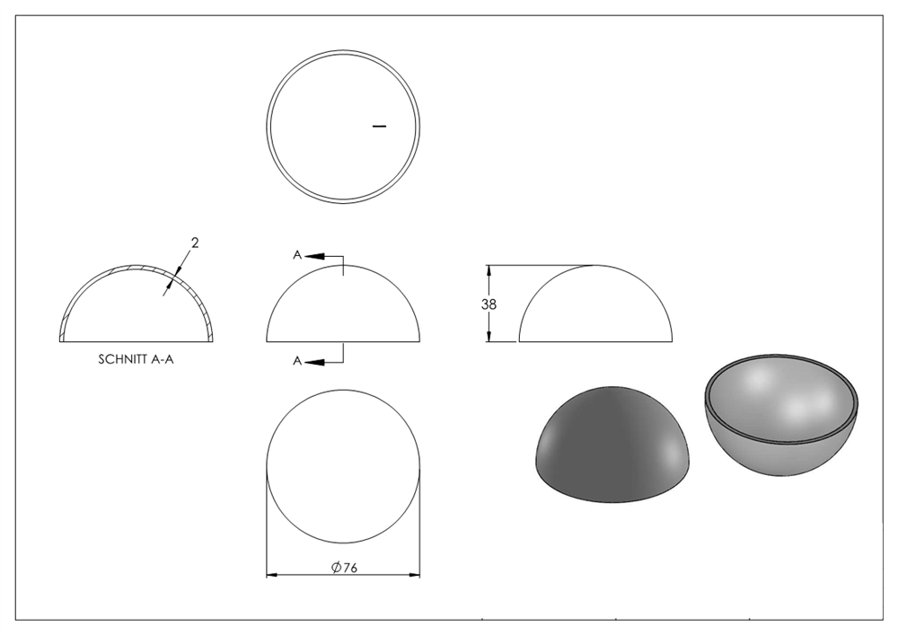 Semi hollow ball Ø 76 mm | smooth | steel S235JR, raw