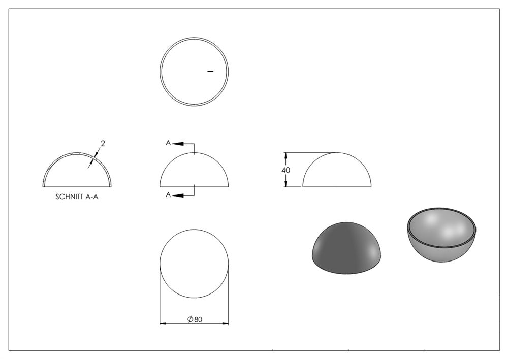 Semi hollow ball Ø 80 mm | smooth | steel S235JR, raw