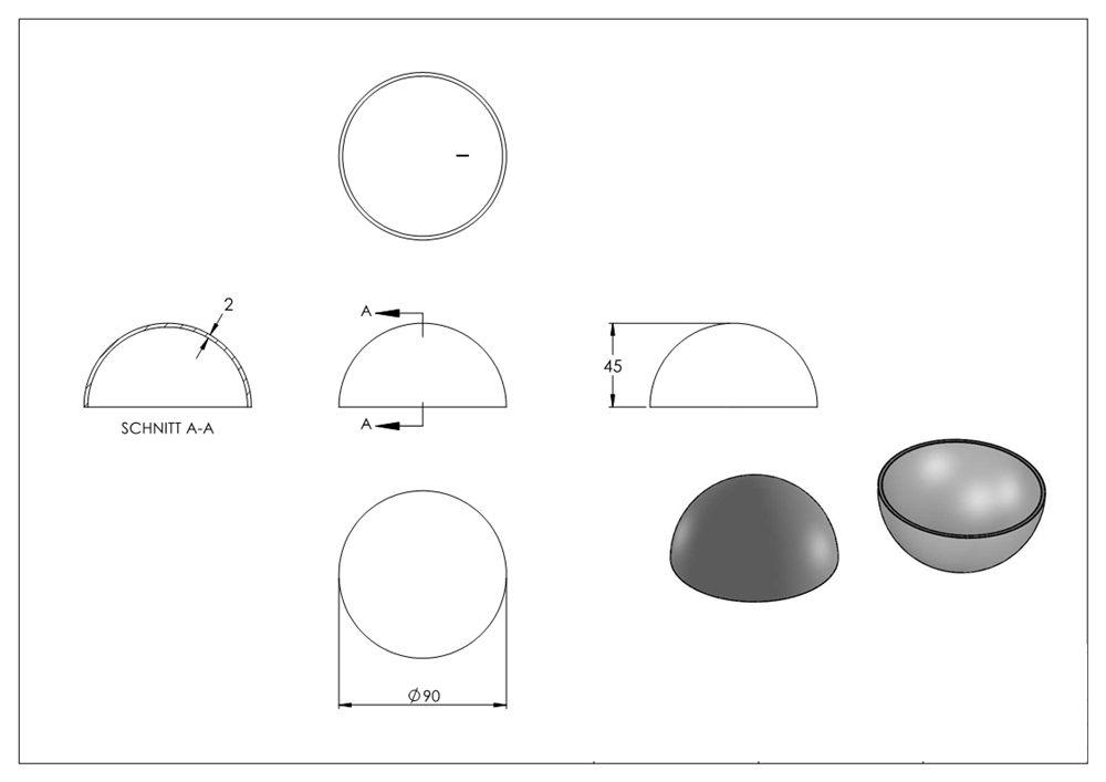Semi hollow ball Ø 90 mm | smooth | steel S235JR, raw