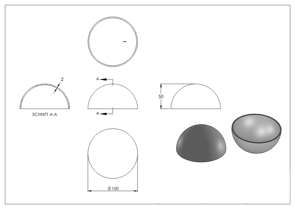 Semi hollow ball Ø 100 mm | smooth | steel S235JR, raw