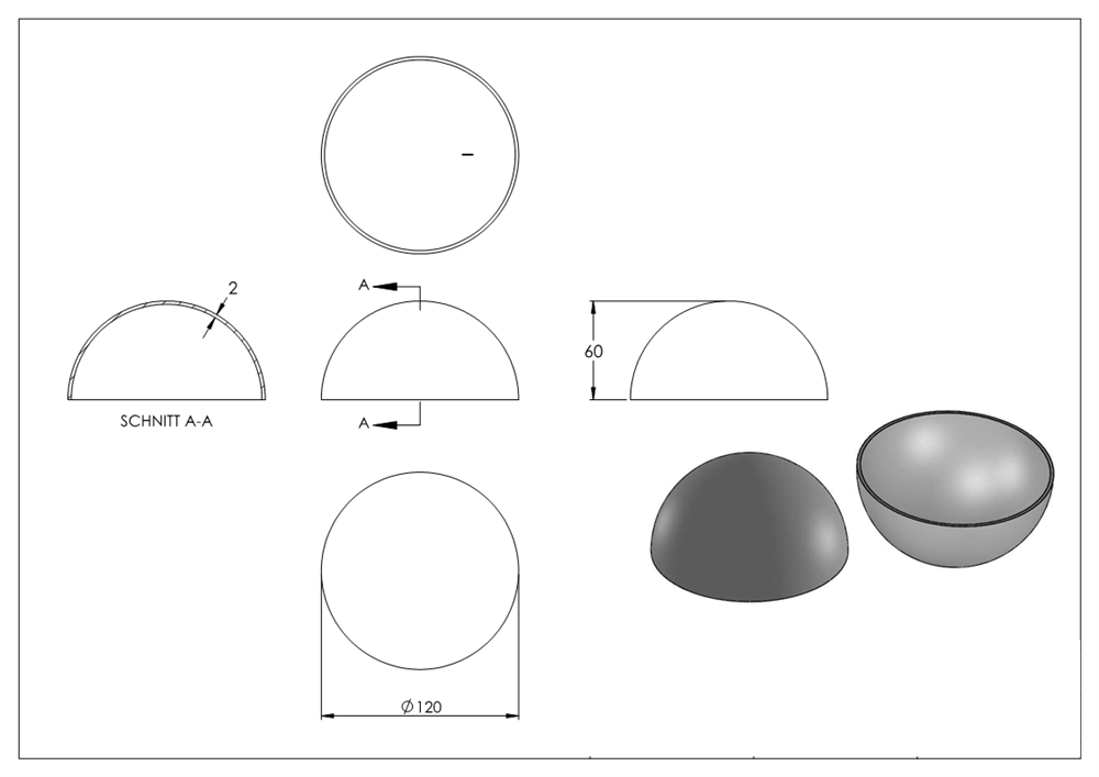 Semi hollow ball Ø 120 mm | smooth | steel S235JR, raw
