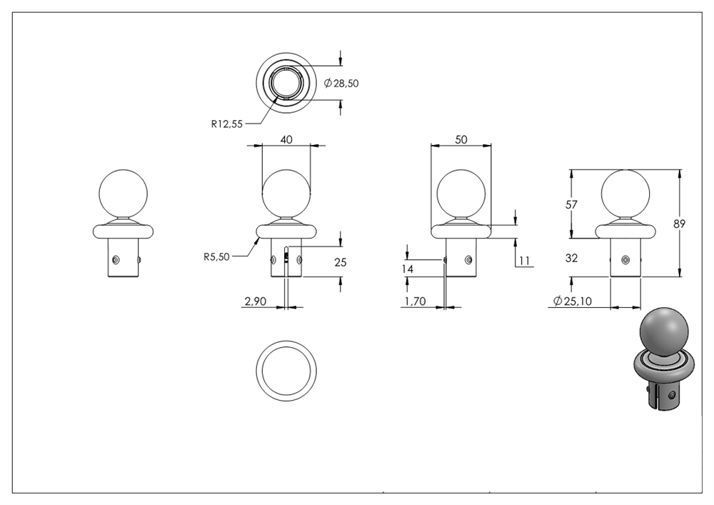 Ball tube knob for Ø 33.7x2.5-2.9 mm | Steel S235JR, raw