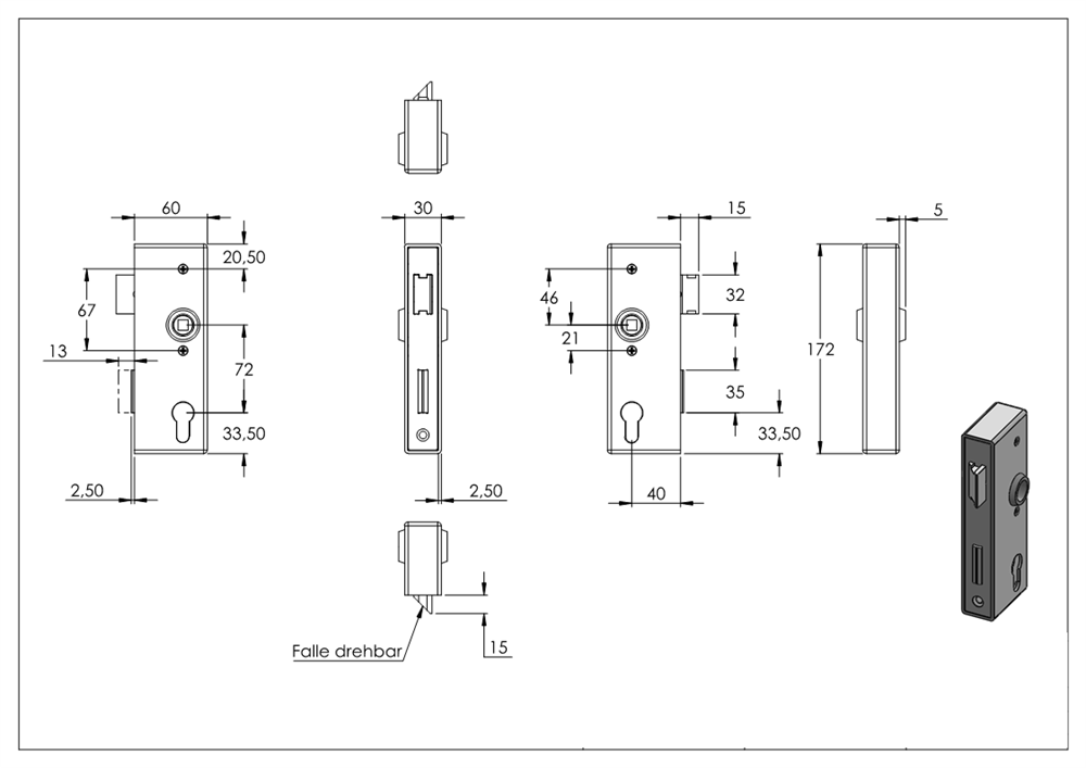 Lock case | Dimensions: 173x60x30 mm | Mandrel: 40 mm | Steel (raw) S235 JR