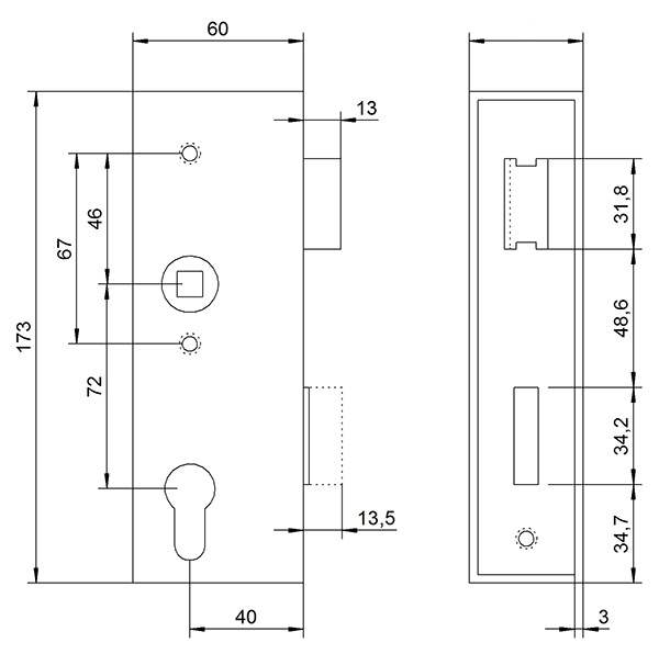 Lock case | Dimensions: 173x60x40 mm | Mandrel: 40 mm | Steel (raw) S235 JR