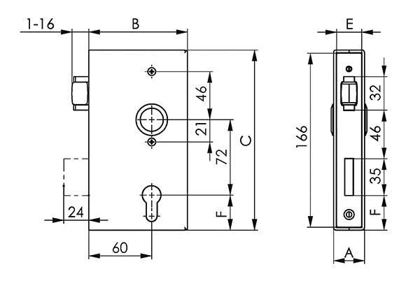 Lock case | with roller latch bolt lock | dimensions: 30x94x172 mm | steel S235JR, raw