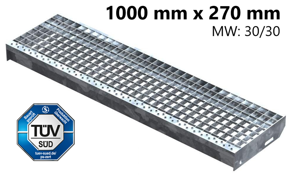 Grating step Stair tread | Dimensions: 1000x270 mm 30/30 mm | S235JR (St37-2), hot-dip galvanized in full bath