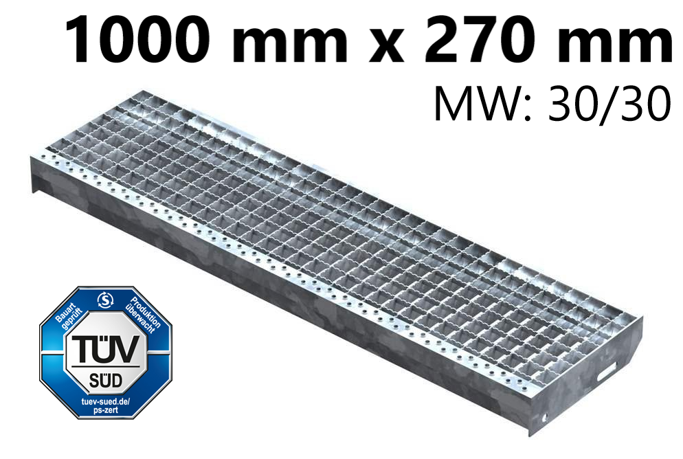 Grating step Stair tread | Dimensions: 1000x270 mm 30/30 mm R13 | S235JR (St37-2), hot-dip galvanized in full bath