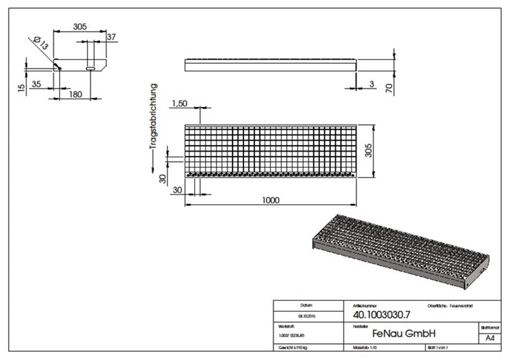 Grating step Stair tread | Dimensions: 1000x305 mm 30/30 mm | S235JR (St37-2), hot-dip galvanized in full bath