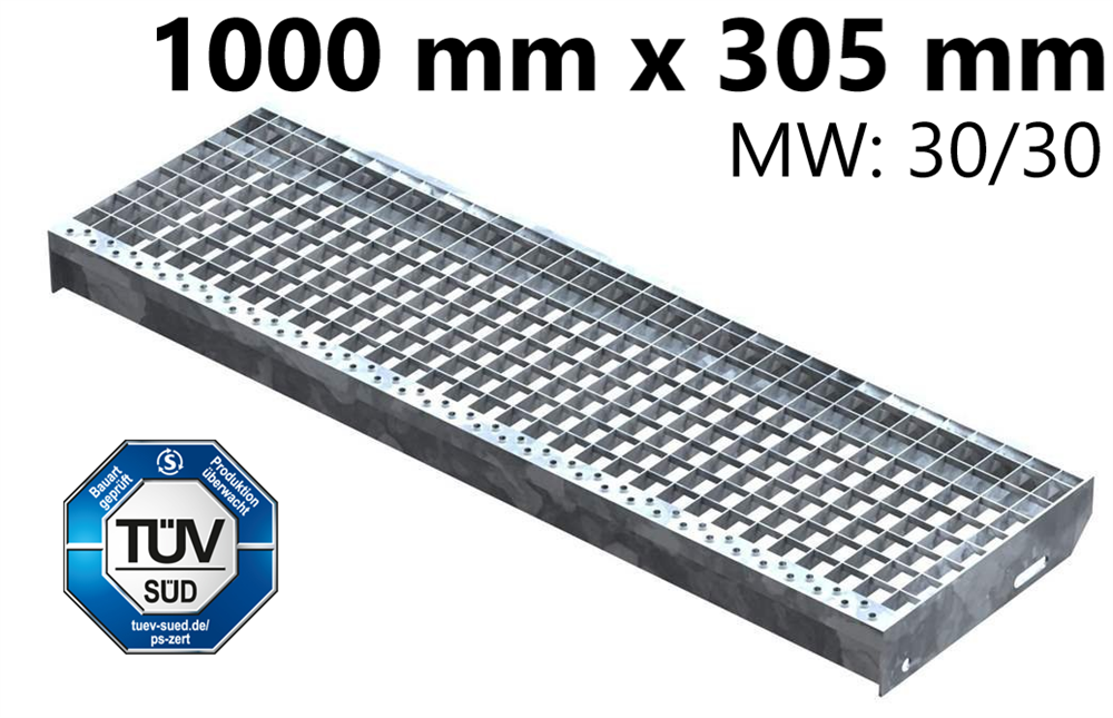 Grating step Stair tread | Dimensions: 1000x305 mm 30/30 mm | S235JR (St37-2), hot-dip galvanized in full bath
