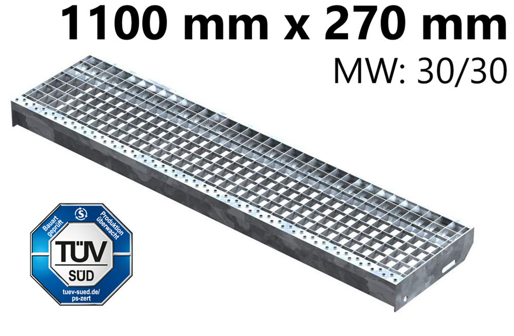 Grating step Stair tread | Dimensions: 1100x270 mm 30/30 mm | S235JR (St37-2), hot-dip galvanized in full bath