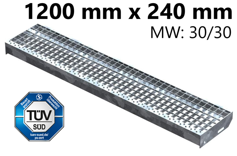 Grating step Stair tread | Dimensions: 1200x240 mm 30/30 mm | S235JR (St37-2), hot-dip galvanized in full bath