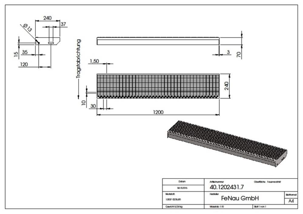 Grating step Stair tread | Dimensions: 1200x240 mm 30/10 mm | S235JR (St37-2), hot-dip galvanized in full bath