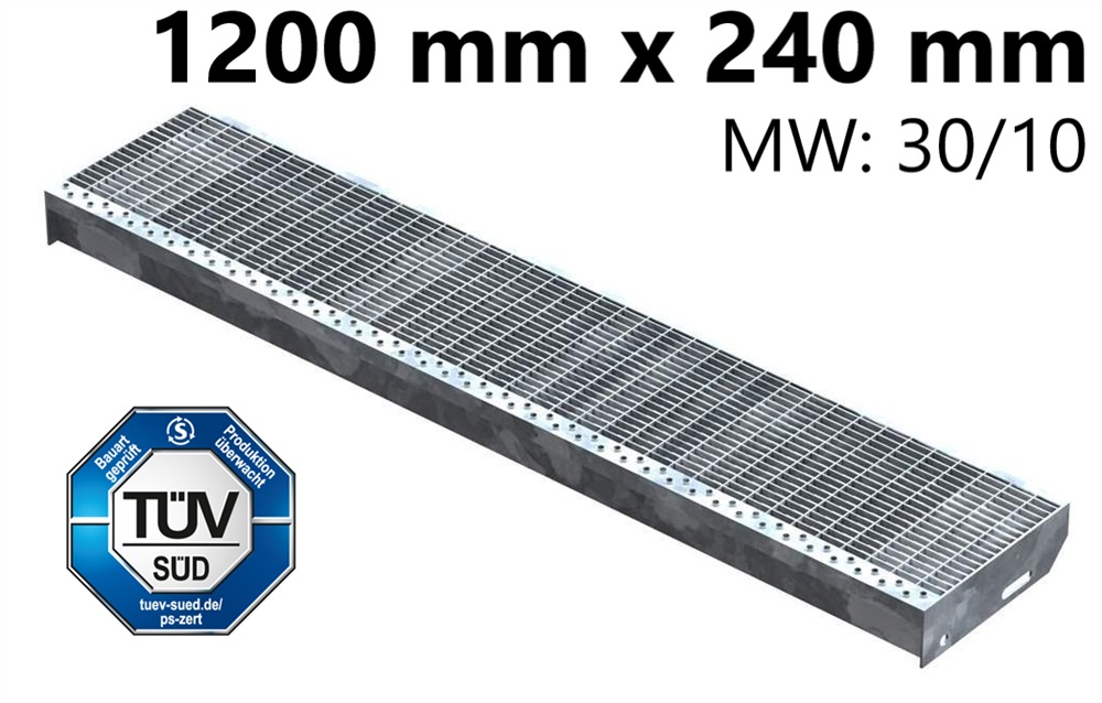 Grating step Stair tread | Dimensions: 1200x240 mm 30/10 mm | S235JR (St37-2), hot-dip galvanized in full bath