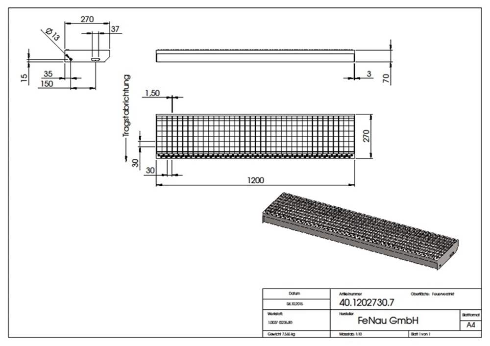Grating step Stair tread | Dimensions: 1200x270 mm 30/30 mm | S235JR (St37-2), hot-dip galvanized in full bath