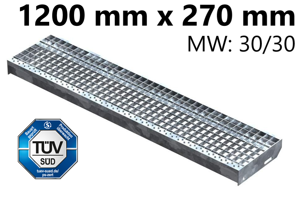 Grating step Stair tread | Dimensions: 1200x270 mm 30/30 mm | S235JR (St37-2), hot-dip galvanized in full bath