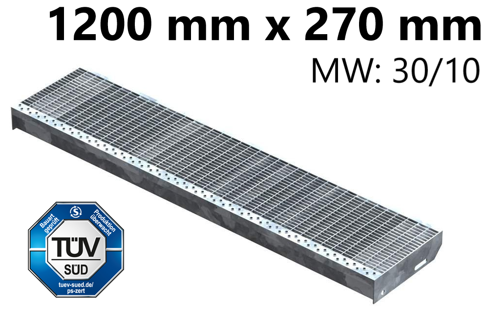 Grating step Stair tread | Dimensions: 1200x270 mm 30/10 mm | S235JR (St37-2), hot-dip galvanized in full bath