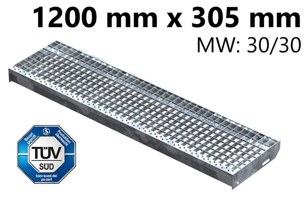 Grating step Stair tread | Dimensions: 1200x305 mm 30/30 mm | S235JR (St37-2), hot-dip galvanized in full bath