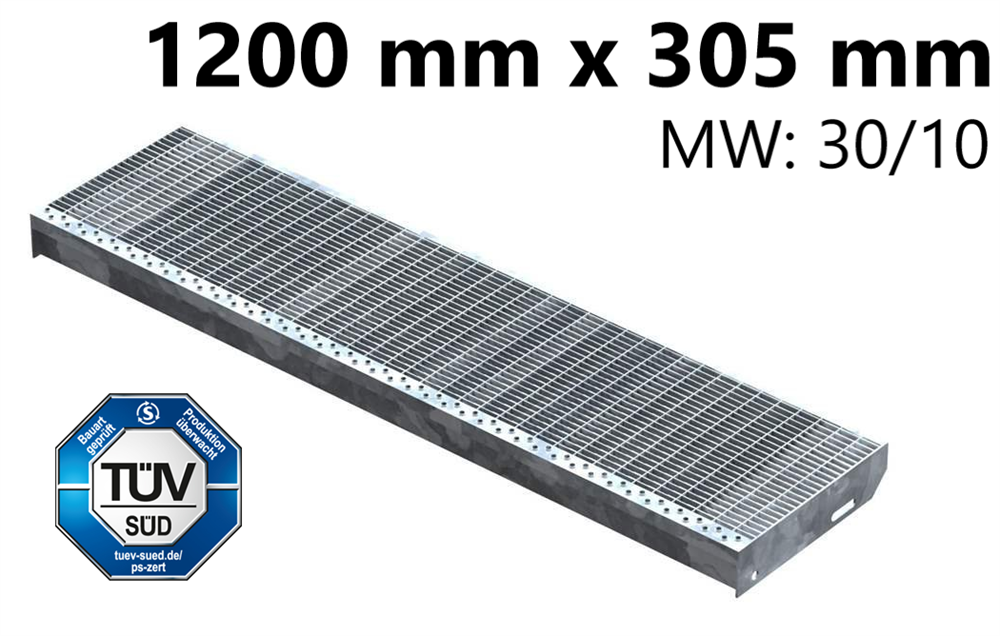 Grating step Stair tread | Dimensions: 1200x305 mm 30/10 mm | S235JR (St37-2), hot-dip galvanized in full bath