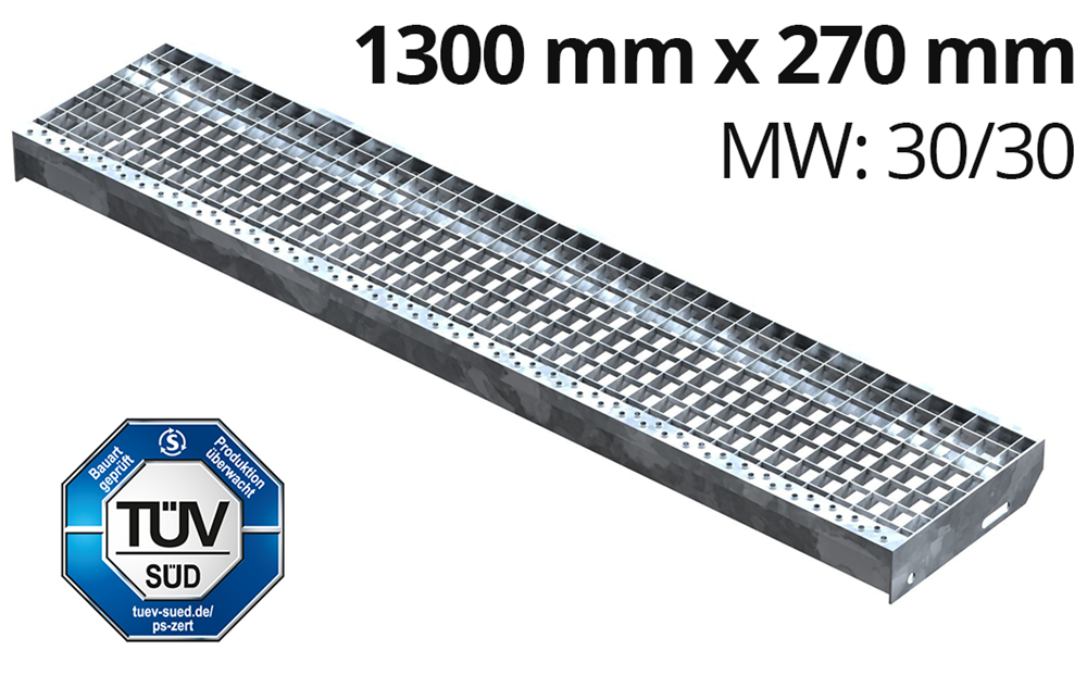 Grating step Stair tread | Dimensions: 1300x270 mm 30/30 mm | S235JR (St37-2), hot-dip galvanized in full bath