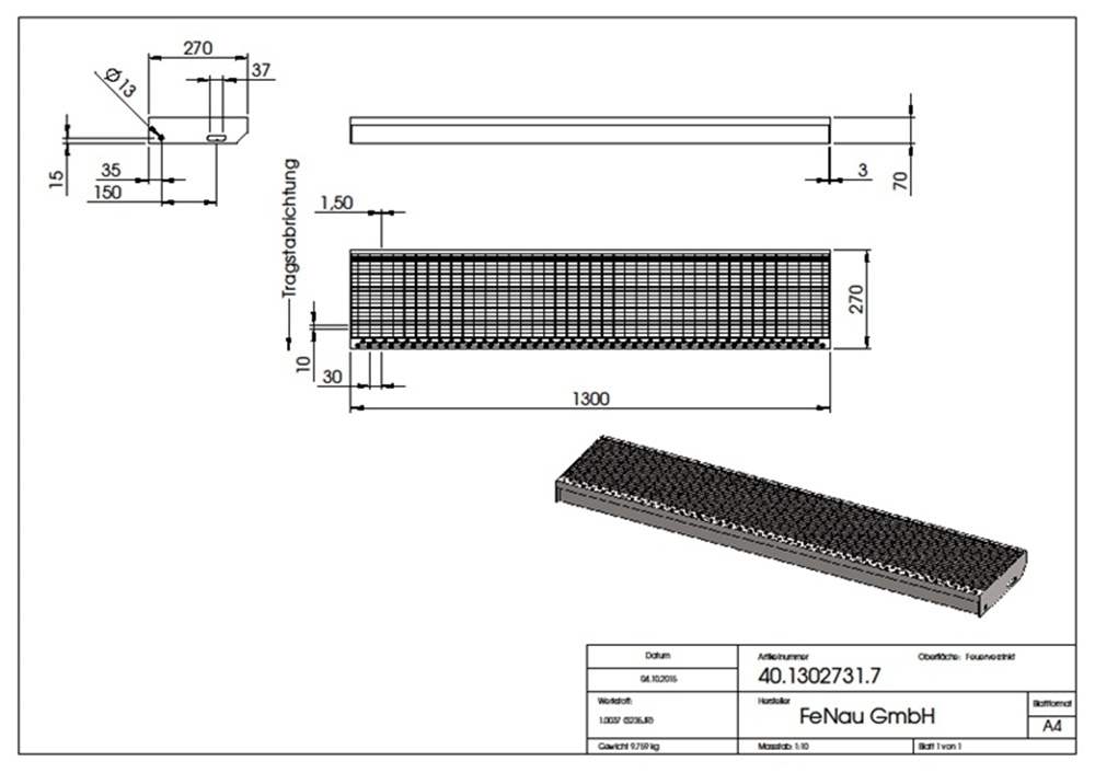 Grating step Stair tread | Dimensions: 1300x270 mm 30/10 mm | S235JR (St37-2), hot-dip galvanized in full bath