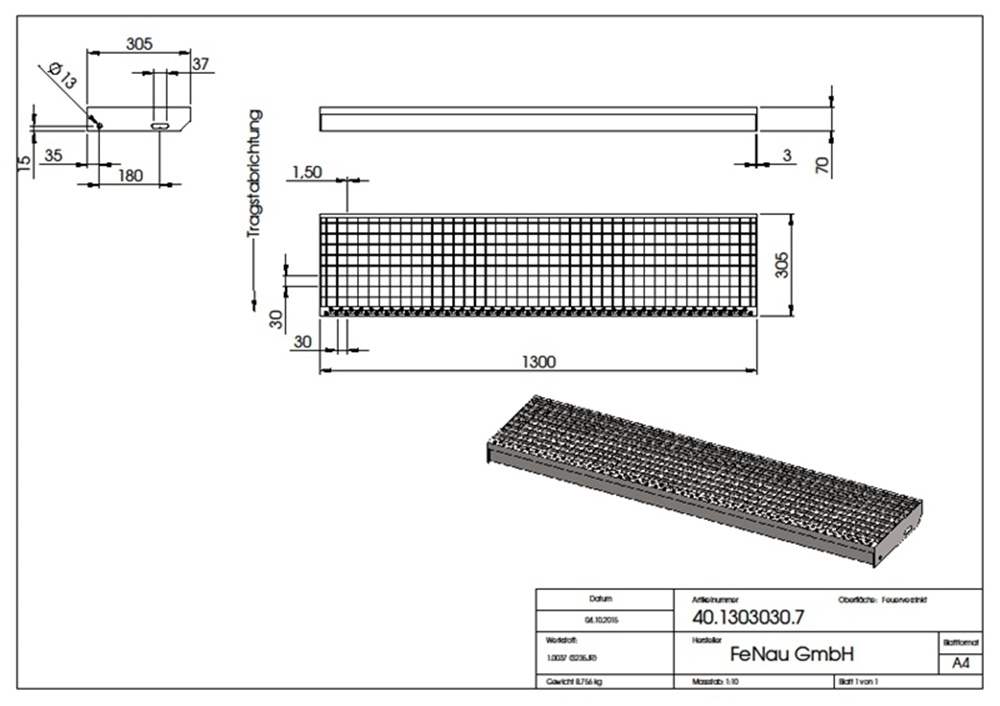 Grating step Stair tread | Dimensions: 1300x305 mm 30/30 mm | S235JR (St37-2), hot-dip galvanized in full bath