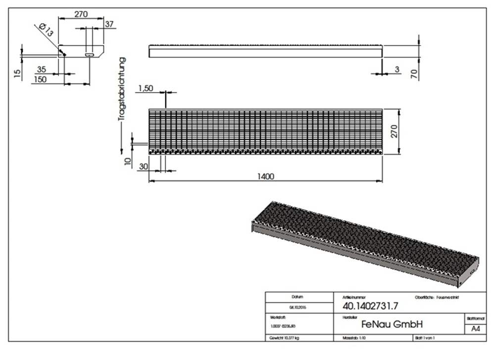 Grating step Stair tread | Dimensions: 1400x270 mm 30/10 mm | S235JR (St37-2), hot-dip galvanized in full bath
