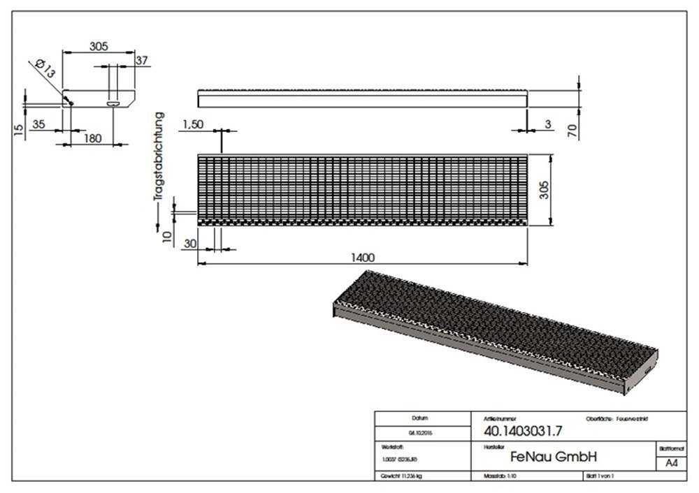 Grating step Stair tread | Dimensions: 1400x305 mm 30/10 mm | S235JR (St37-2), hot-dip galvanized in full bath