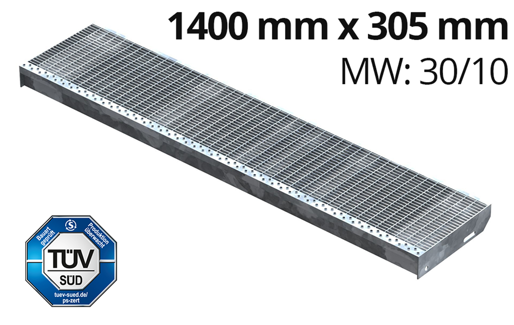Grating step Stair tread | Dimensions: 1400x305 mm 30/10 mm | S235JR (St37-2), hot-dip galvanized in full bath