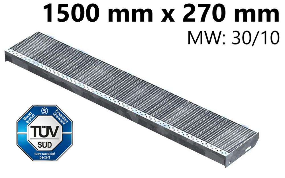 Grating step Stair tread | Dimensions: 1500x270 mm 30/10 mm | S235JR (St37-2), hot-dip galvanized in full bath