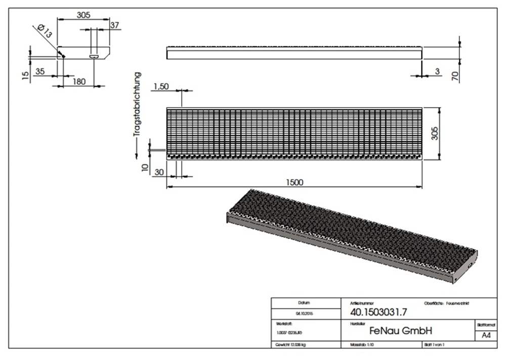 Grating step Stair tread | Dimensions: 1500x305 mm 30/10 mm | S235JR (St37-2), hot-dip galvanized in full bath