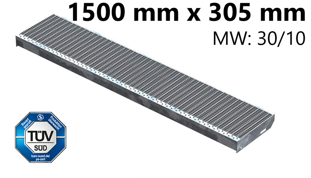 Grating step Stair tread | Dimensions: 1500x305 mm 30/10 mm | S235JR (St37-2), hot-dip galvanized in full bath