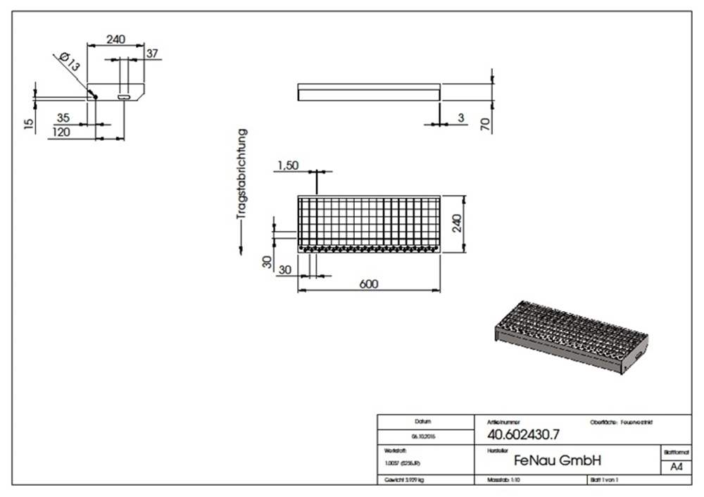 Grating step Stair tread | Dimensions: 600x240 mm 30/30 mm | S235JR (St37-2), hot-dip galvanized in full bath