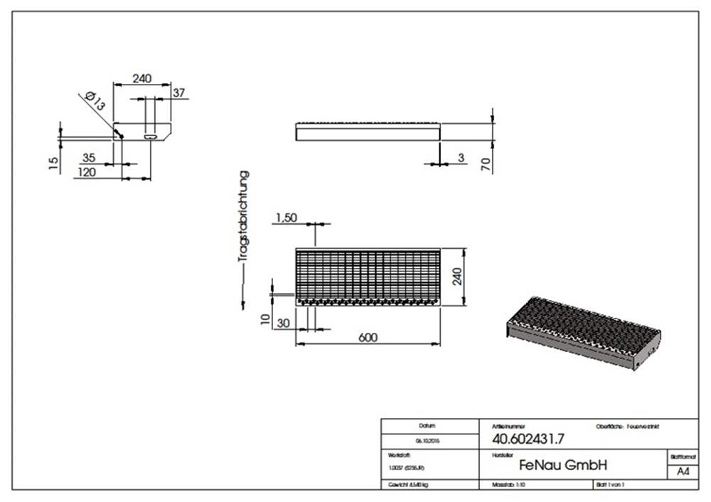 Grating step Stair tread | Dimensions: 600x240 mm 30/10 mm | S235JR (St37-2), hot-dip galvanized in full bath