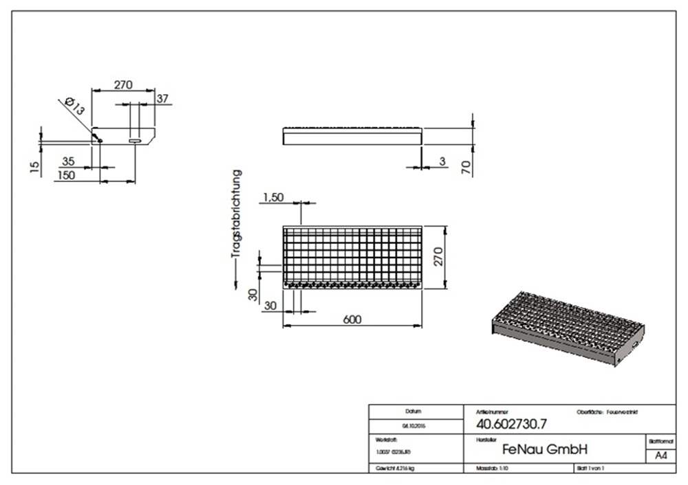 Grating step Stair tread | Dimensions: 600x270 mm 30/30 mm | S235JR (St37-2), hot-dip galvanized in full bath