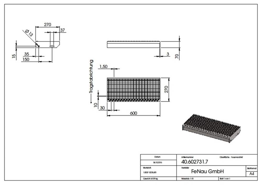 Grating step Stair tread | Dimensions: 600x270 mm 30/10 mm | S235JR (St37-2), hot-dip galvanized in full bath
