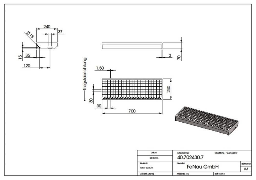 Grating step Stair tread | Dimensions: 700x240 mm 30/30 mm | S235JR (St37-2), hot-dip galvanized in full bath