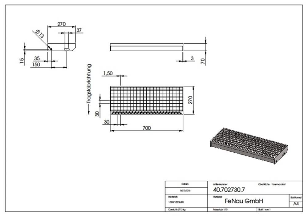 Grating step Stair tread | Dimensions: 700x270 mm 30/30 mm | S235JR (St37-2), hot-dip galvanized in full bath