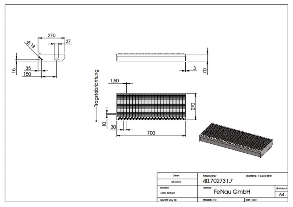 Grating step Stair tread | Dimensions: 700x270 mm 30/10 mm | S235JR (St37-2), hot-dip galvanized in full bath