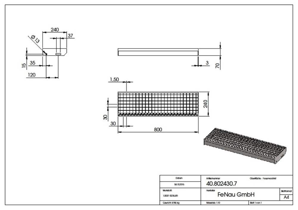 Grating step Stair tread | Dimensions: 800x240 mm 30/30 mm | S235JR (St37-2), hot-dip galvanized in full bath