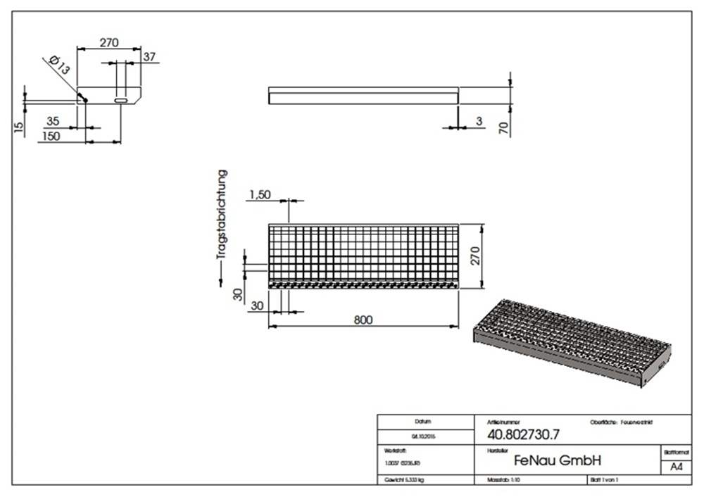 Grating step Stair tread | Dimensions: 800x270 mm 30/30 mm | S235JR (St37-2), hot-dip galvanized in full bath