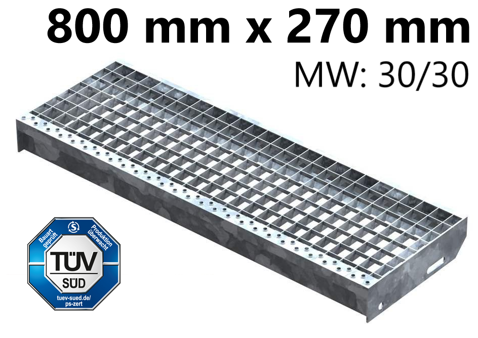 Grating step Stair tread | Dimensions: 800x270 mm 30/30 mm | S235JR (St37-2), hot-dip galvanized in full bath