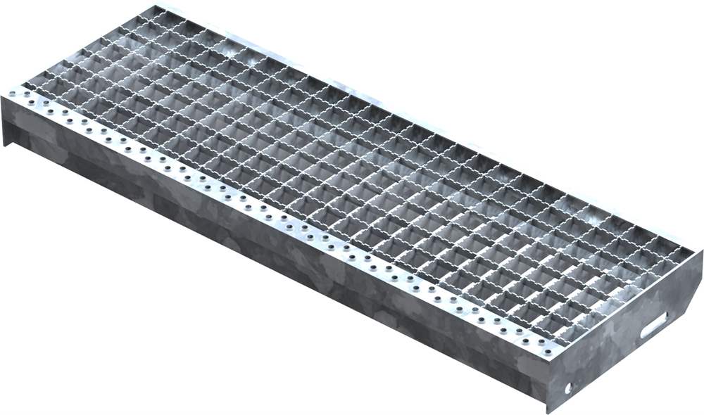 Grating step Stair tread | Dimensions: 800x270 mm 30/30 mm R12 | S235JR (St37-2), hot-dip galvanized in full bath