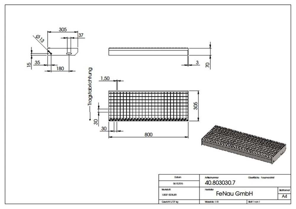 Grating step Stair tread | Dimensions: 800x305 mm 30/30 mm | S235JR (St37-2), hot-dip galvanized in full bath