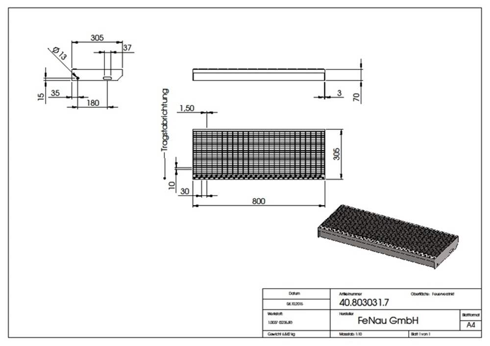 Grating step Stair tread | Dimensions: 800x305 mm 30/10 mm | S235JR (St37-2), hot-dip galvanized in full bath