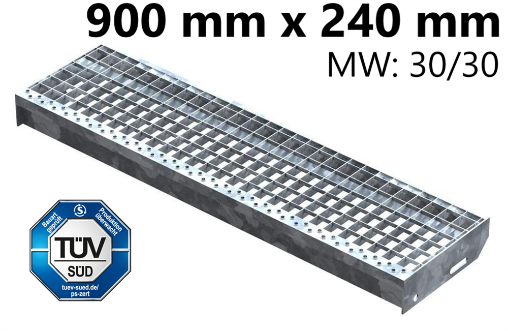 Grating step Stair tread | Dimensions: 900x240 mm 30/30 mm | S235JR (St37-2), hot-dip galvanized in full bath